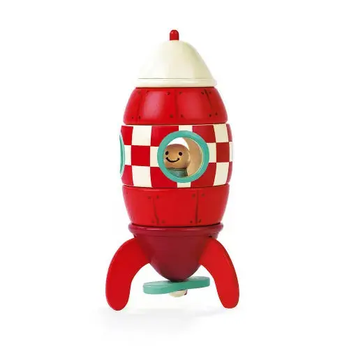 Janod Magnetic Rocket Toy – Compact Wooden Space-Themed Push Toy