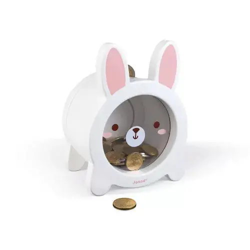Janod Rabbit Wooden Money Box – Piggy Bank Toy with Slot and Removable Base