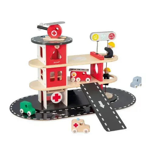 Janod Wooden Fire Station Playset – Multi-Level Emergency Rescue Center